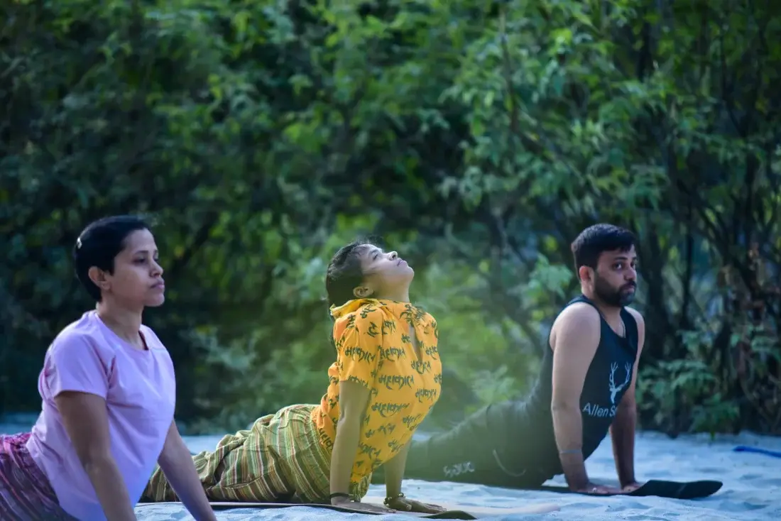Students practising cobra pose during a morning outdoor session