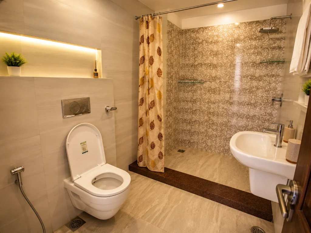 Attached bathroom with a walk-in shower and washbasin