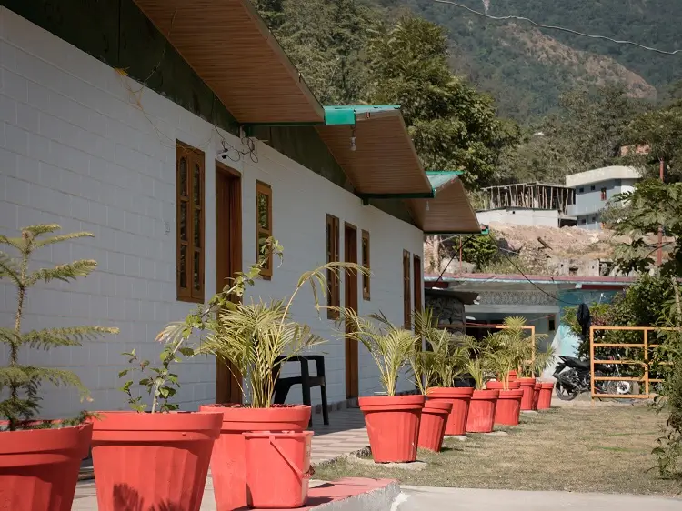 A row of rooms with potted palms along the veranda