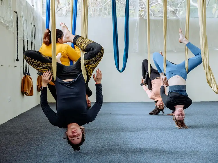 A small group of students holding supported inversions in the hammocks together