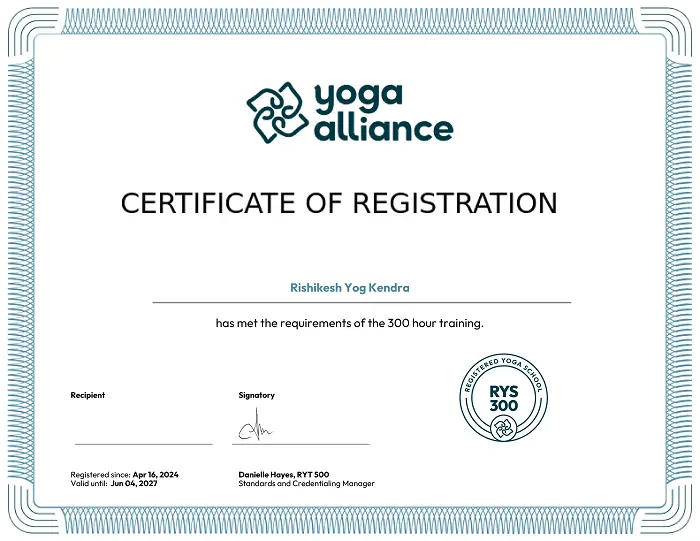 Yoga Alliance RYS 300 certificate of registration for Rishikesh Yog Kendra