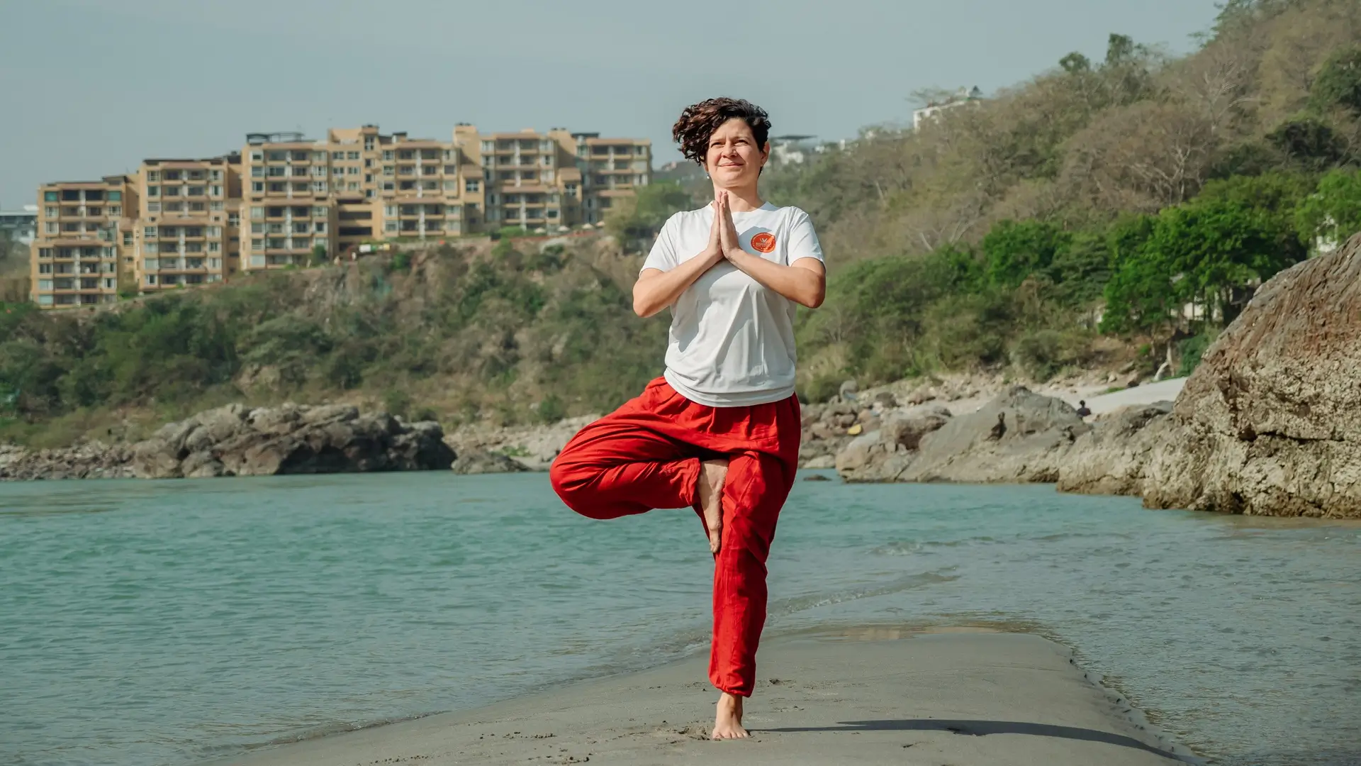 Yoga practice by the mountains