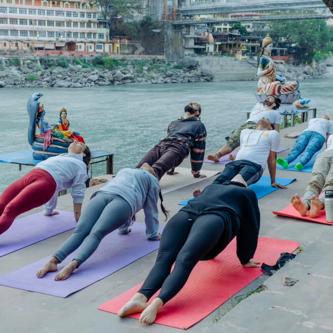 Tree pose practised against the Himalayan foothill scenery