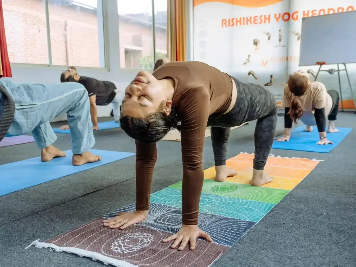 Students holding a deep standing forward fold in the Rishikesh Yog Kendra practice hall