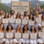 Students with their yoga course certificate posing in a group picture